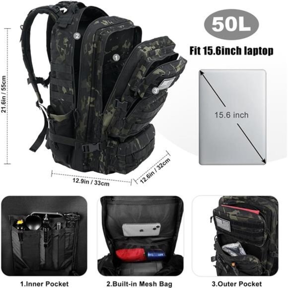 Military Tactical Backpack 50L Large Day Backpack for Men Molle Army 3 Days
